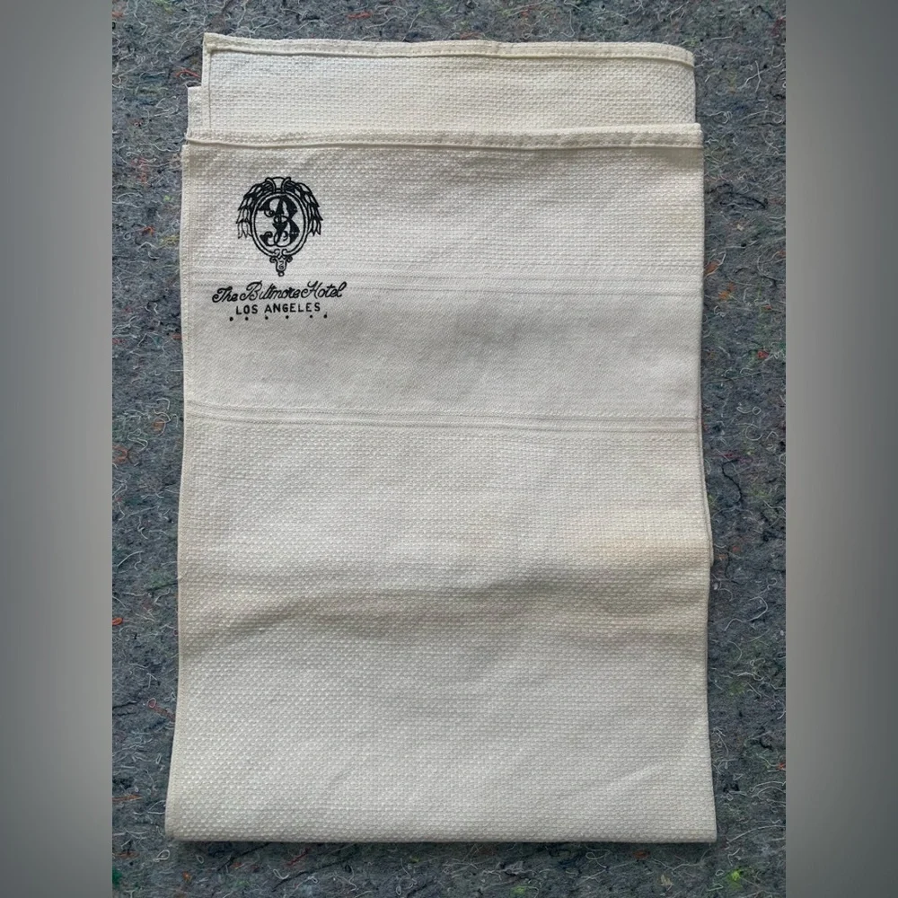 Antique The Biltmore Hotel Los Angeles white cotton hand towel with black logo
